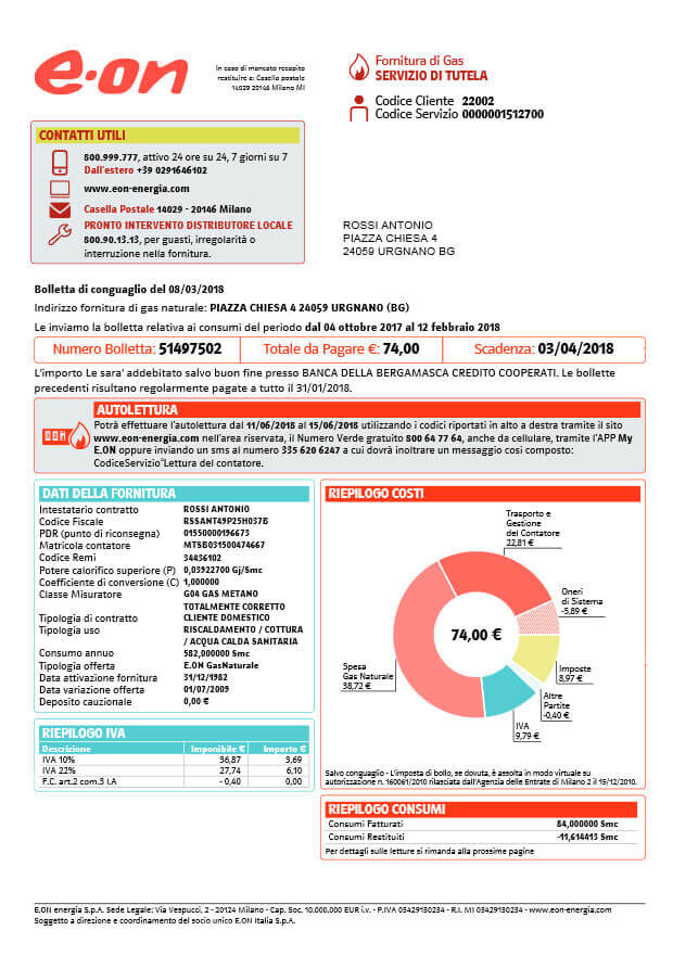 Prima pagina della bolletta gas E.ON
