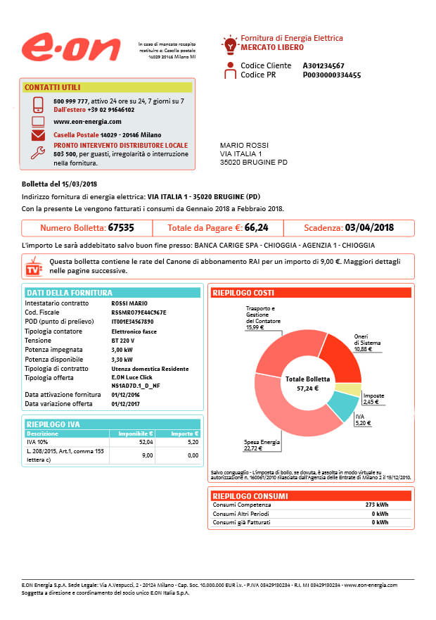 Prima pagina della bolletta luce E.ON