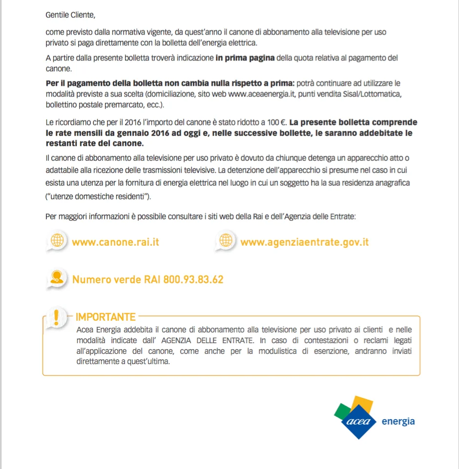 Canone Rai, Acea energia informa i clienti.