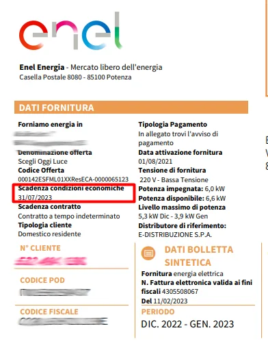 Le bollette Enel Energia riportano la scadenza delle condizioni economiche.