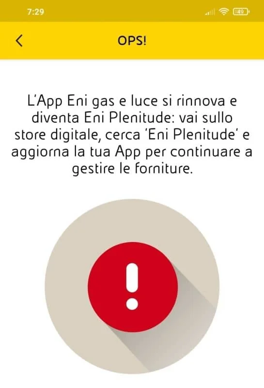 La schermata della app MyEni non aggiornata.