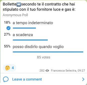 Sondaggio Selectra su Telegram riguardo la scadenza del contratto energia e gas.
