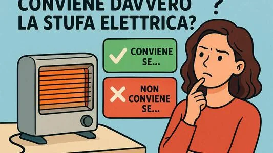 Illustrazione in stile fumetto con una donna pensierosa accanto a una stufa elettrica