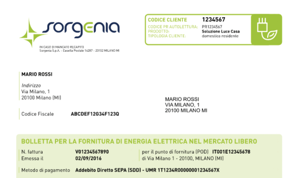 Codice Cliente in una bolletta di Sorgenia Spa (esempio, data 26/11/2024).