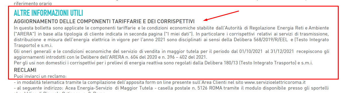 Aggiornamento corrispettivi in bolletta