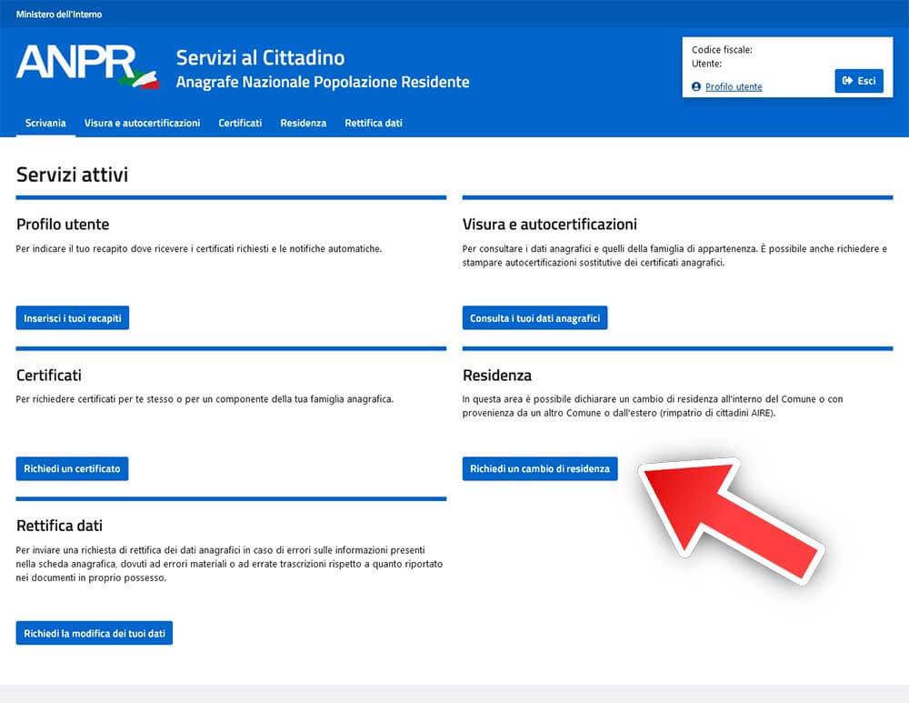 La pagina che consente di iniziare la procedura di cambio residenza online.