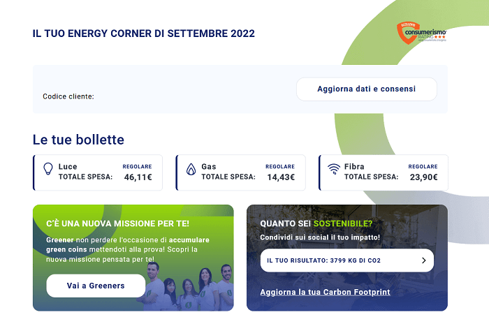 Schermata principale Energy Corner Sorgenia