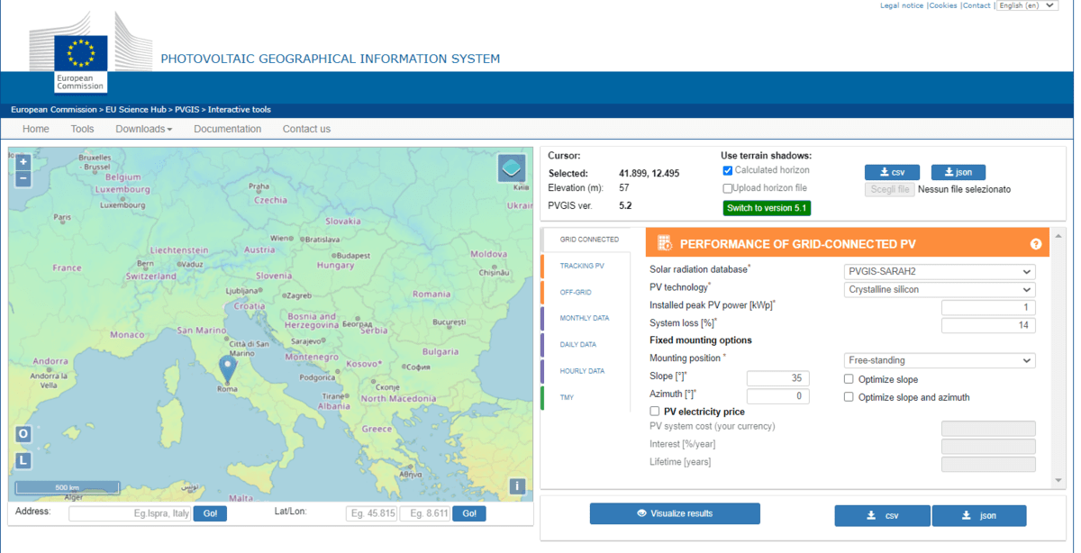 Photovoltaic Geographical Information System, dati insolazione Roma