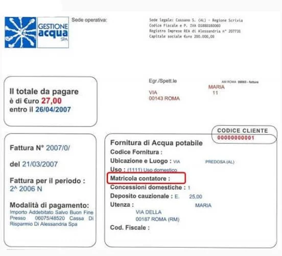 La matricola del contatore sulla bolletta dell'acqua.