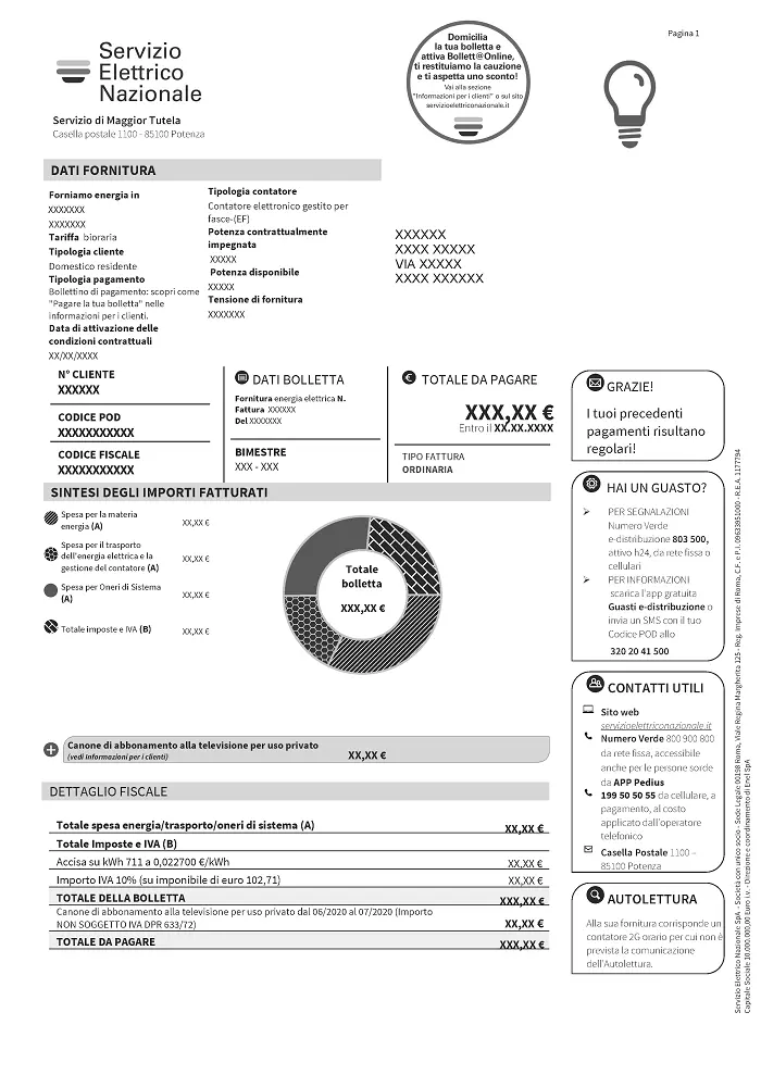 La prima pagina della bolletta Enel Servizio Elettrico Nazionale