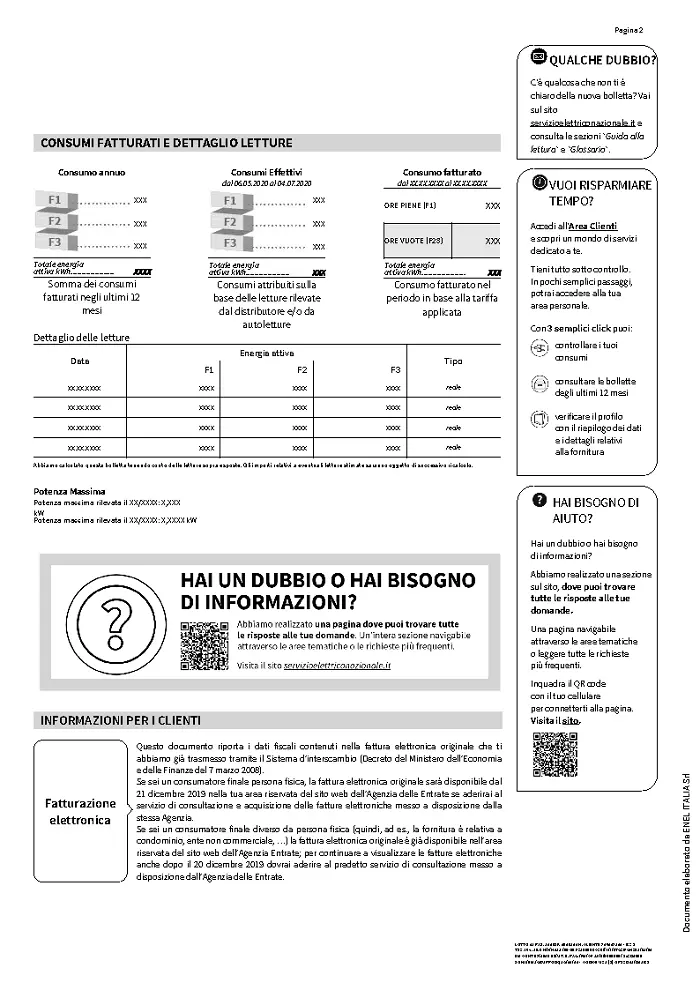 La seconda pagina della bolletta Enel Servizio Elettrico Nazionale