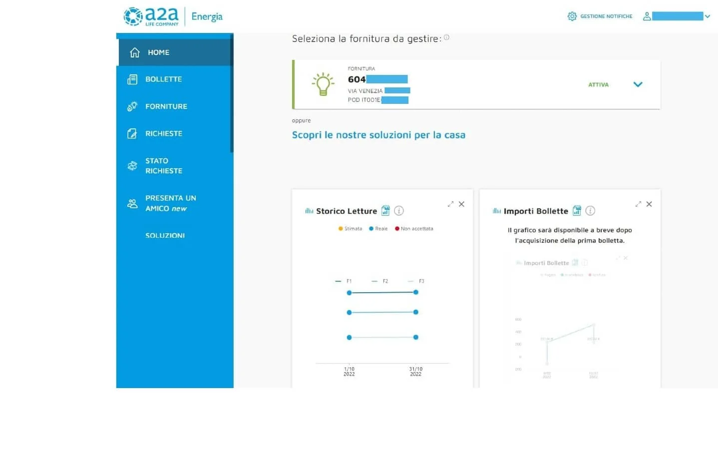 Schermata principale dell'area clienti A2A Energia