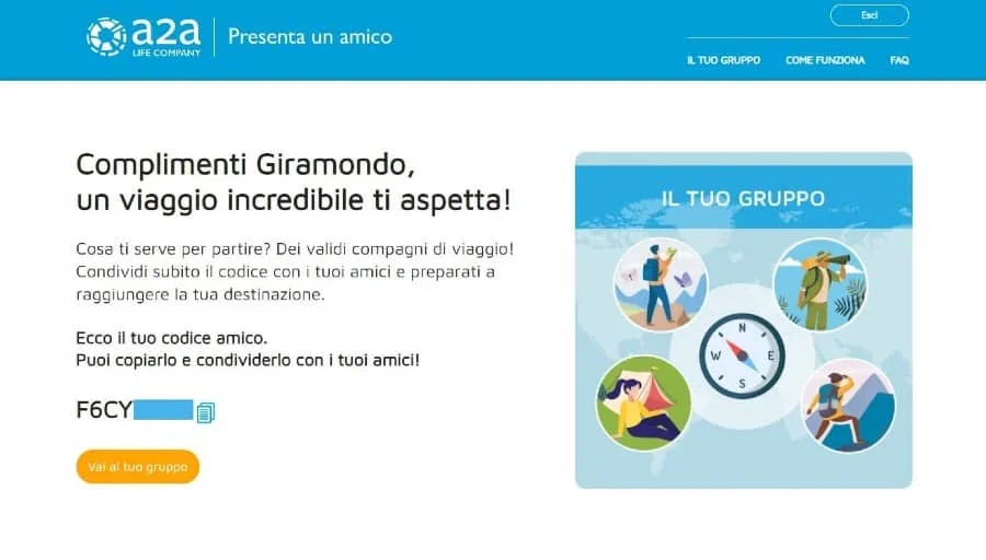 Schermata del codice amico A2A da condividere con i contatti