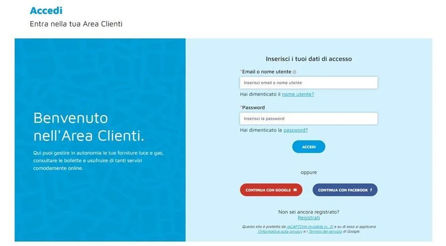 Schermata di login dell'area clienti A2A Energia