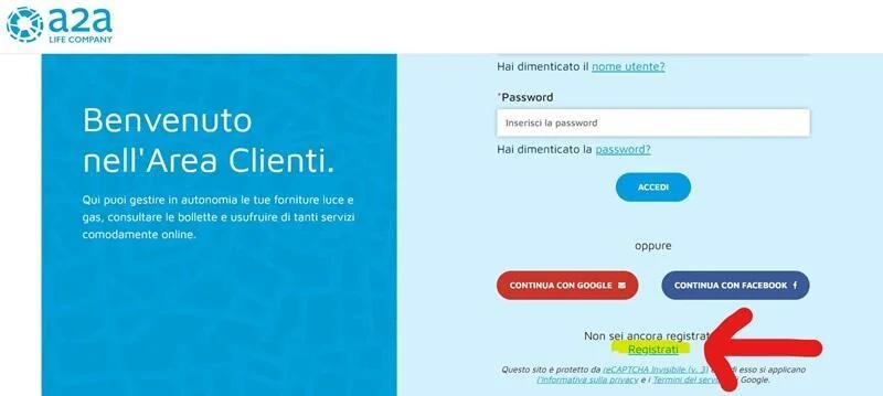 Schermata di registrazione all'area clienti A2A Energia