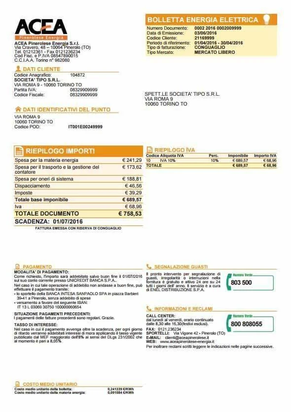 Fac-simile prima pagina della bolletta luce Acea Pinerolese Energia