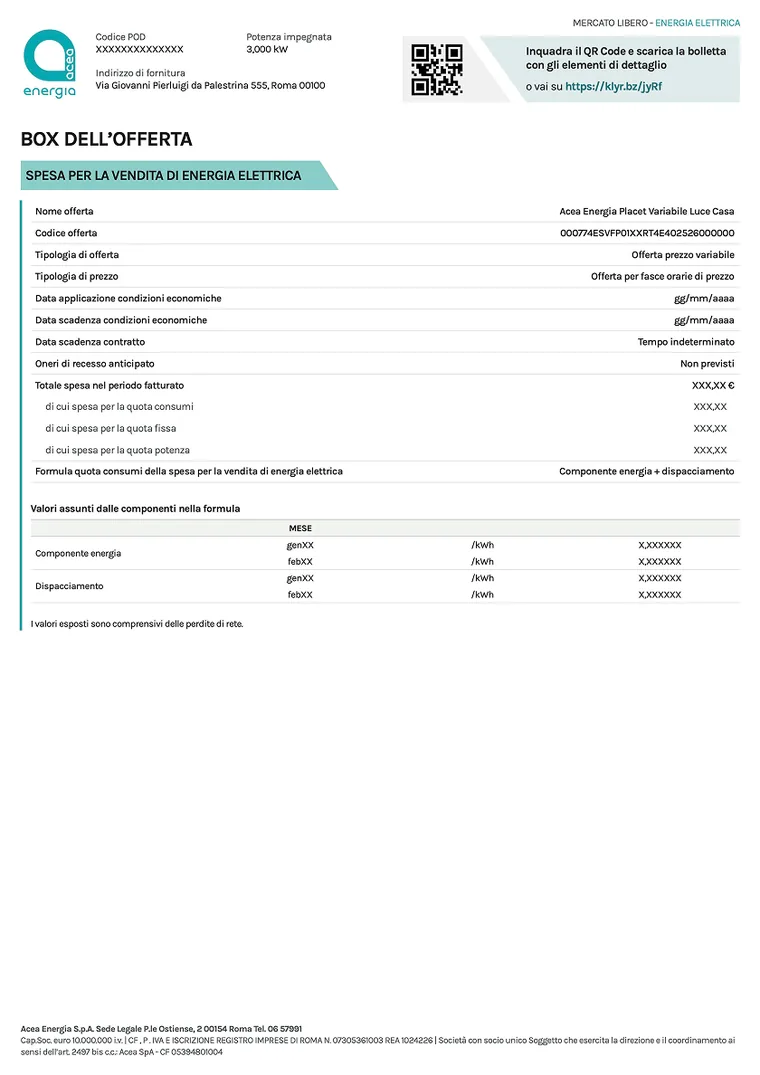 Fac-simile del box offerta nella bolletta Acea Energia