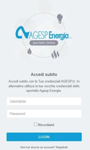 Schermata di login allo Sportello Online di AGESP Energia