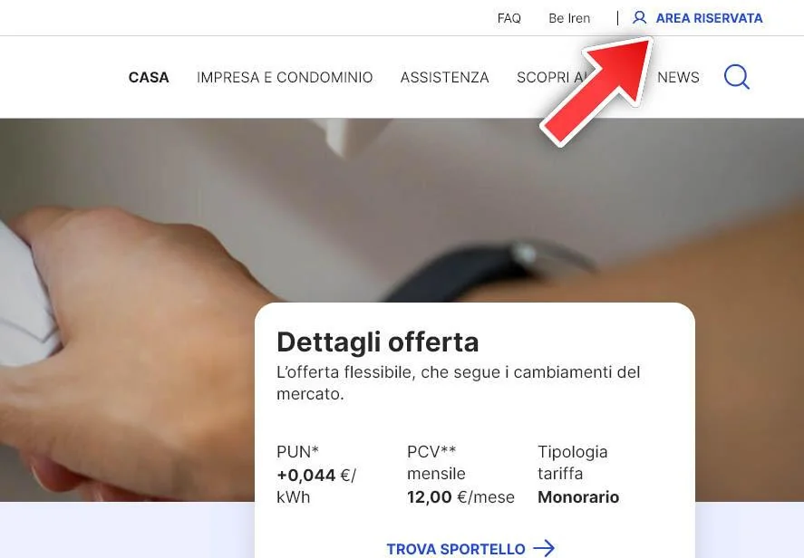 Pulsante di accesso all'area clienti Alegas sul sito ufficiale