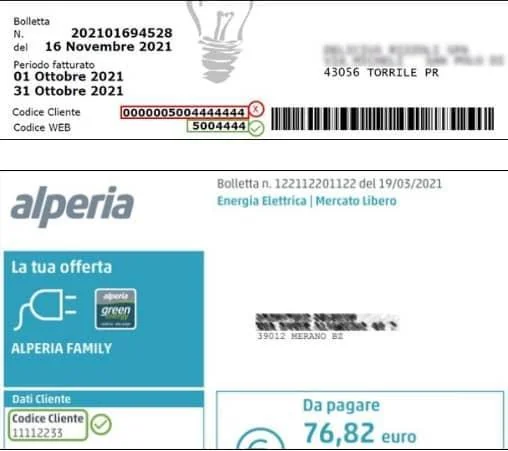 Posizione del codice web nelle bollette Alperia
