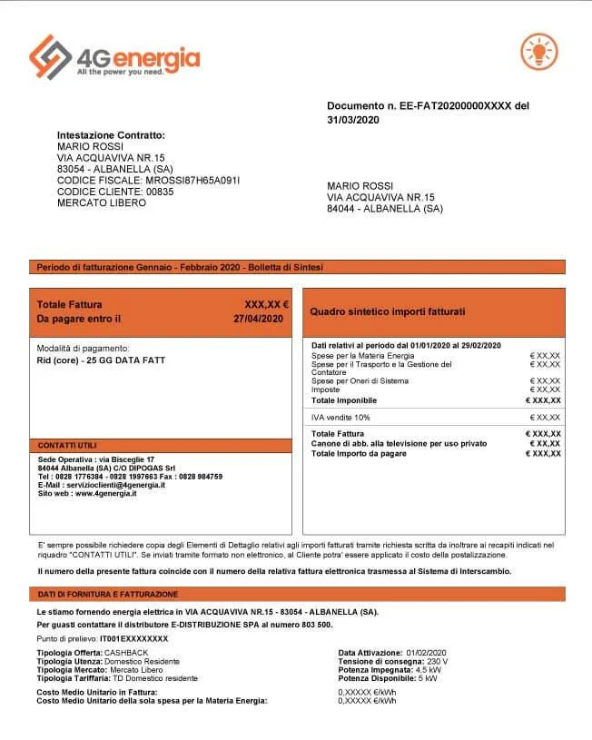 Fac-simile prima pagina della bolletta luce 4G Energia