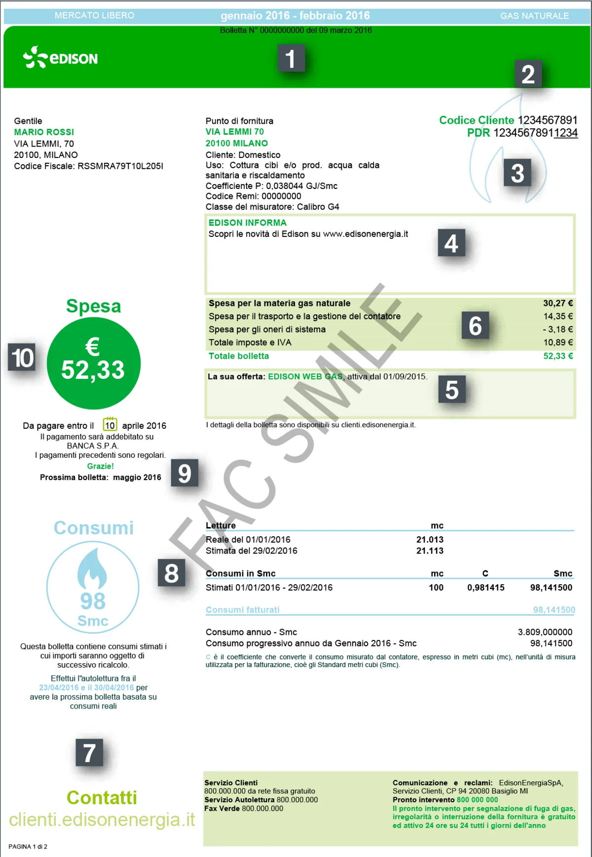 La prima pagina della bolletta Edison gas.