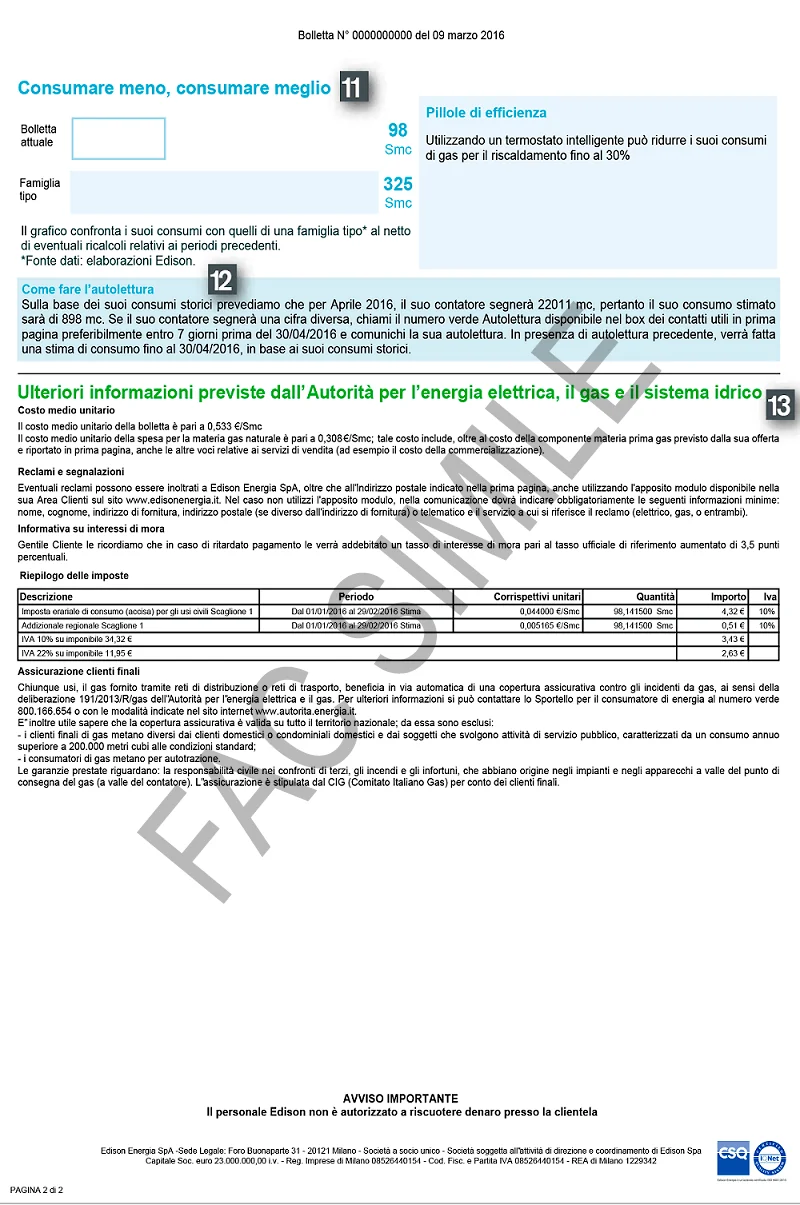 La seconda pagina della bolletta Edison gas.