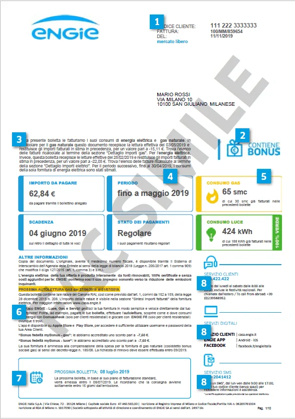 Fac-simile della prima pagina della bolletta Engie luce e gas