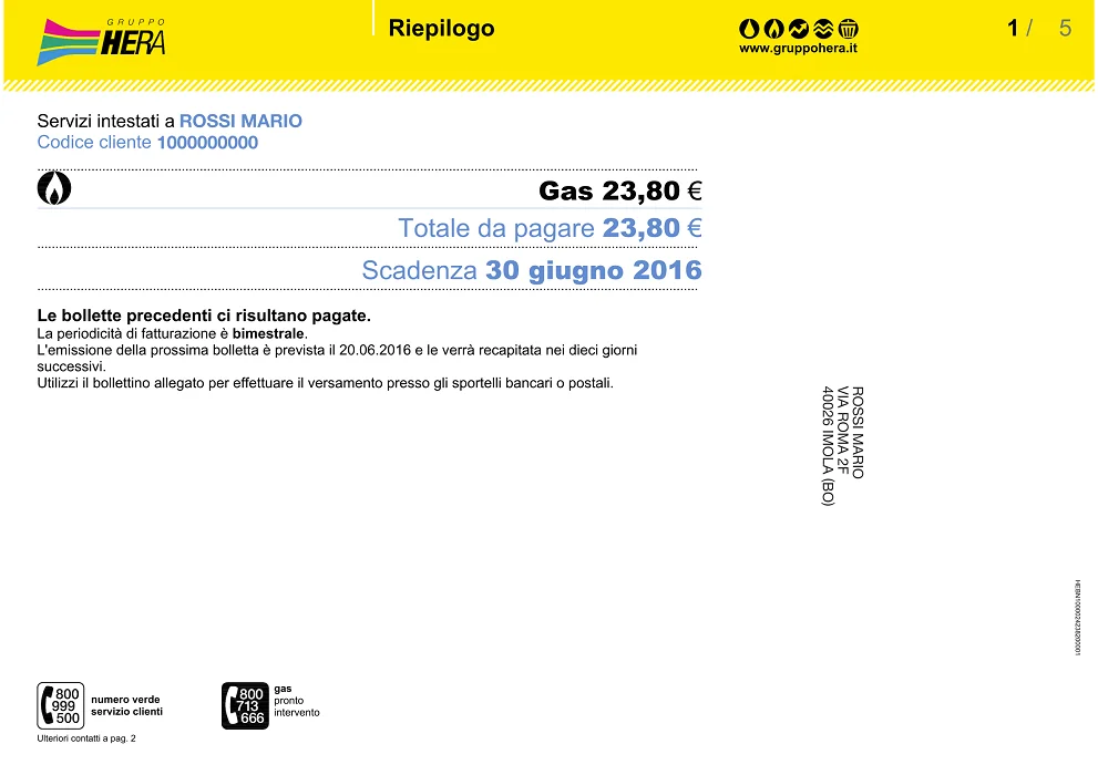 La prima pagina della bolletta Hera Comm del gas per il mercato libero