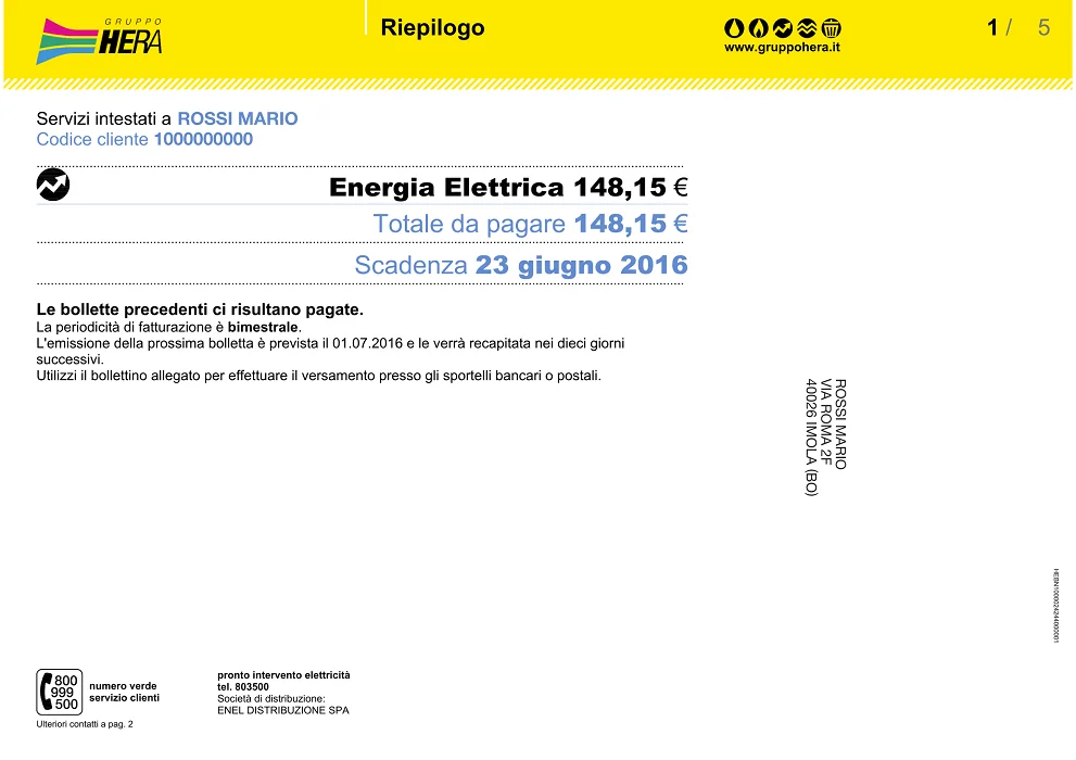 La prima pagina della bolletta della luce Hera Comm per il mercato libero