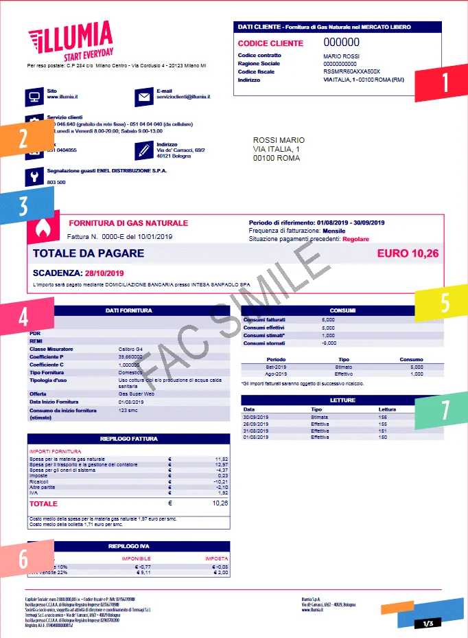 La prima pagina della fattura gas Illumia