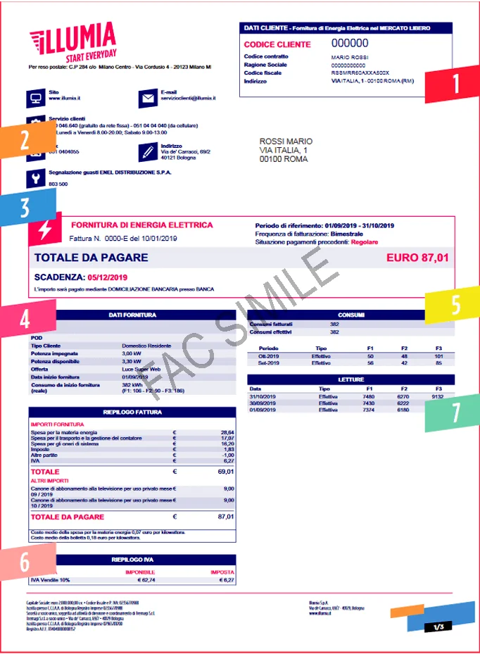 La prima pagina della fattura Illumia della luce