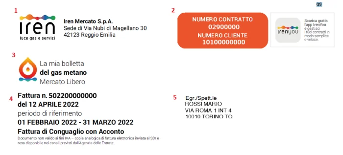 Bolletta Iren gas - prima pagina sezione 1