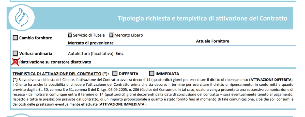 Modulo subentro Ascopiave, step 1: riattivazione su contatore disattivato