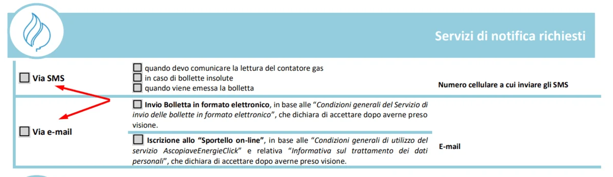 Modulo subentro Ascopiave, step 2: scelta dei canali di comunicazione