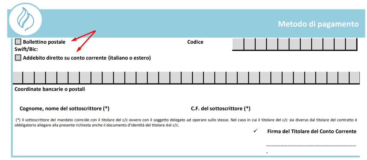 Modulo subentro Ascopiave, step 3: scelta del metodo di pagamento