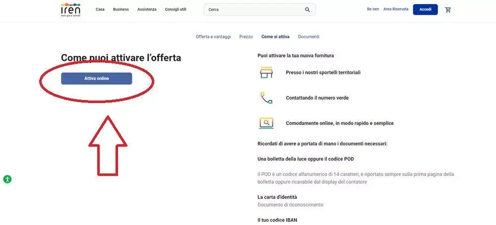 Schermata Iren attivazione offerta luce e gas per subentro online
