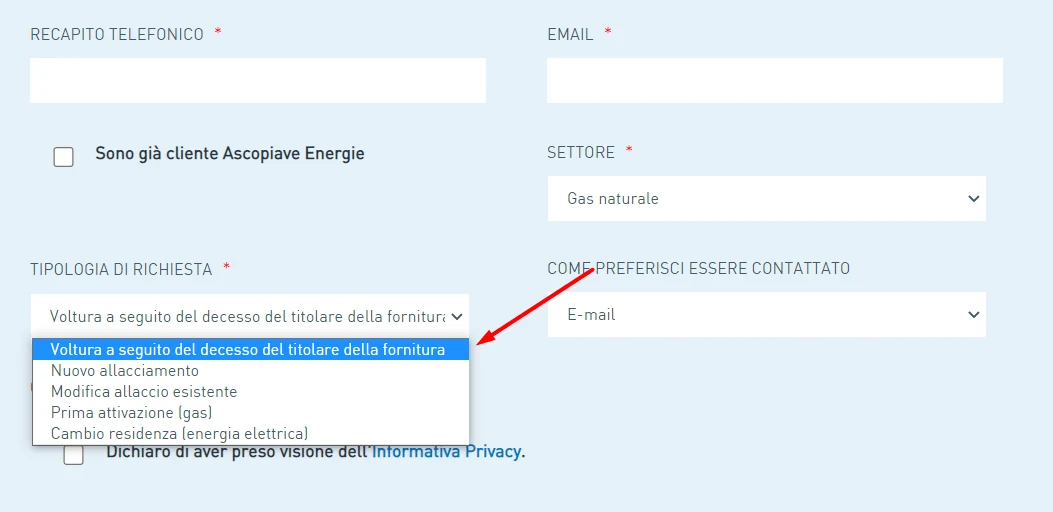 Modulo online di voltura per decesso sul sito Ascopiave Energie