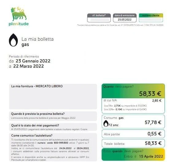 Prima pagina di una bolletta Eni Plenitude con i dati dell'intestatario