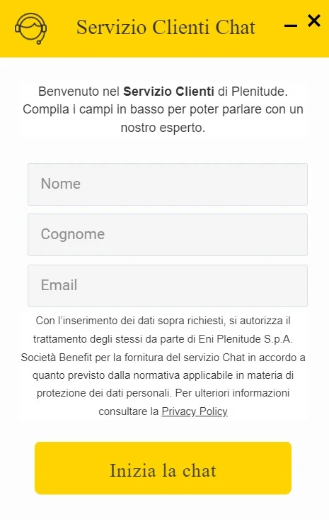Schermata della chat sul sito di Plenitude
