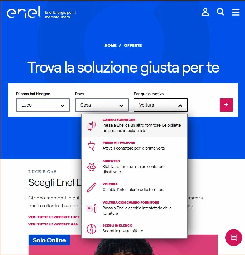 Schermata di selezione della voltura online sul sito Enel Energia