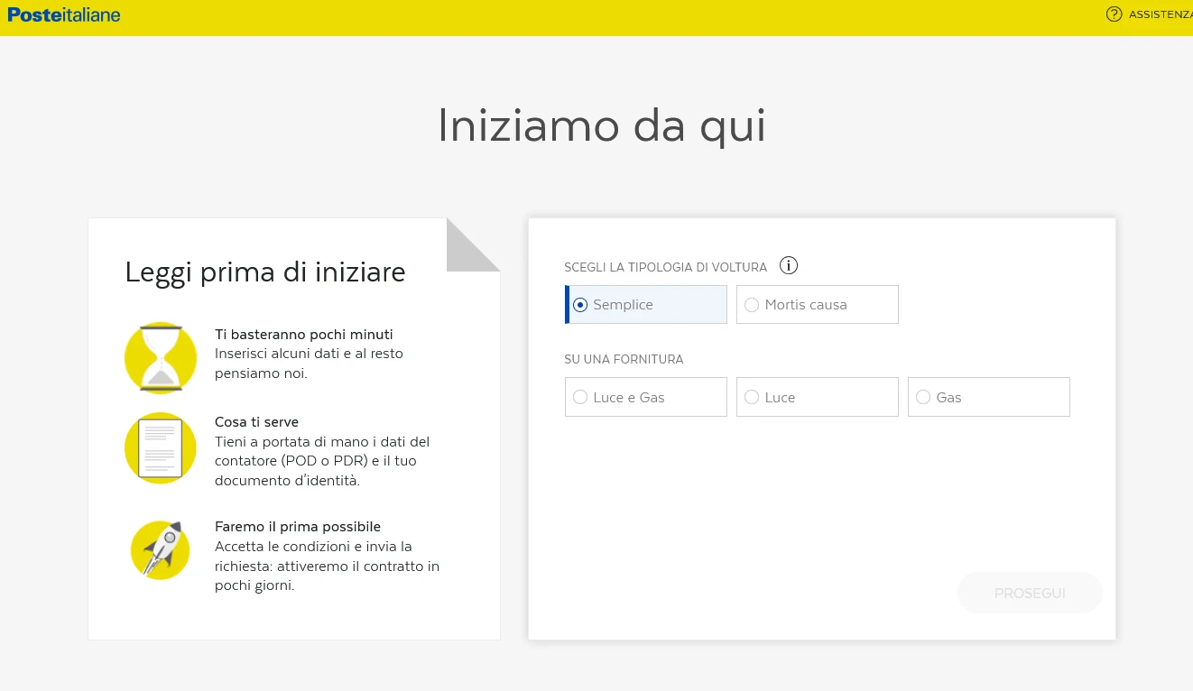 La schermata di avvio della procedura di voltura Poste Italiane